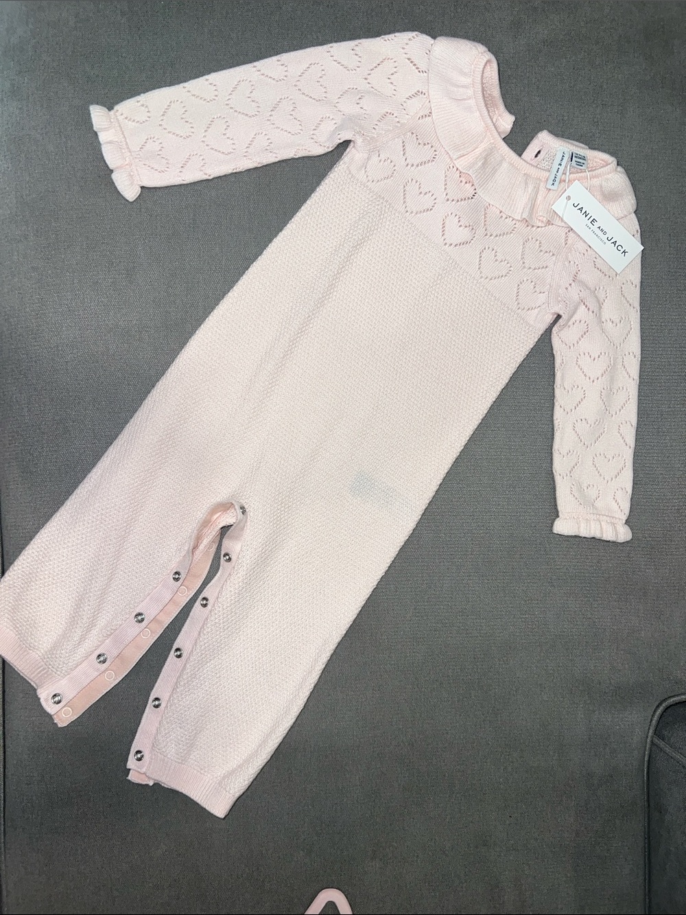 Janie and Jack Pale Pink Eyelet Heart Knit Romper